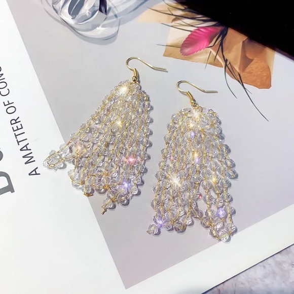 🌟Long Tassel Drop Crystals Earrings - Picture 3 of 6
